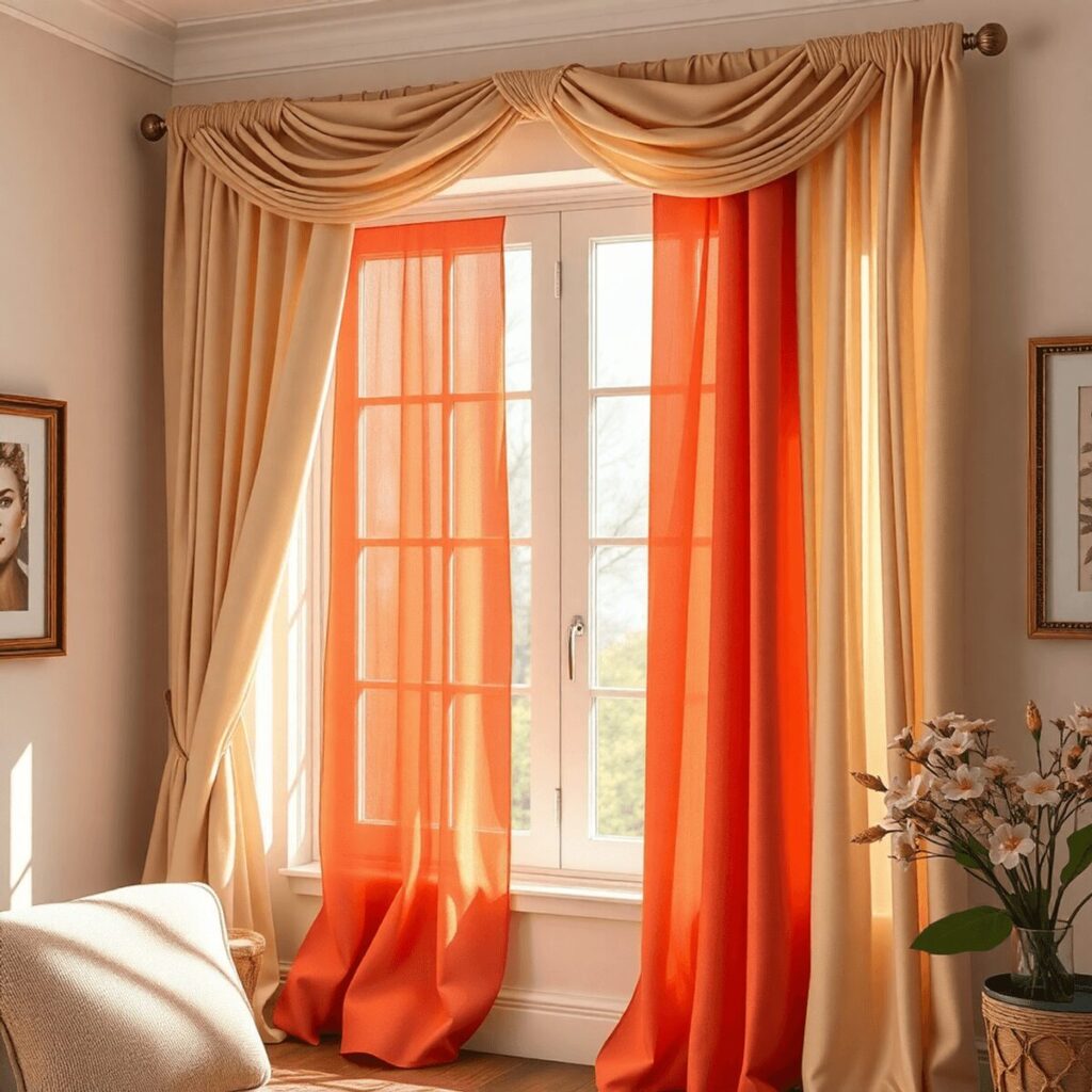 A beautifully decorated window with elegant drapery in soft colors, gently flowing in the breeze, as warm sunlight filters through, creating a cozy...