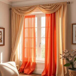 A beautifully decorated window with elegant drapery in soft colors, gently flowing in the breeze, as warm sunlight filters through, creating a cozy...