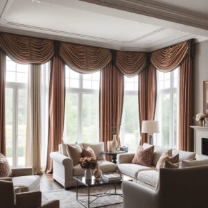 A beautifully designed living room with elegant custom drapery in rich fabrics and colors, allowing soft natural light to create a warm, inviting a...