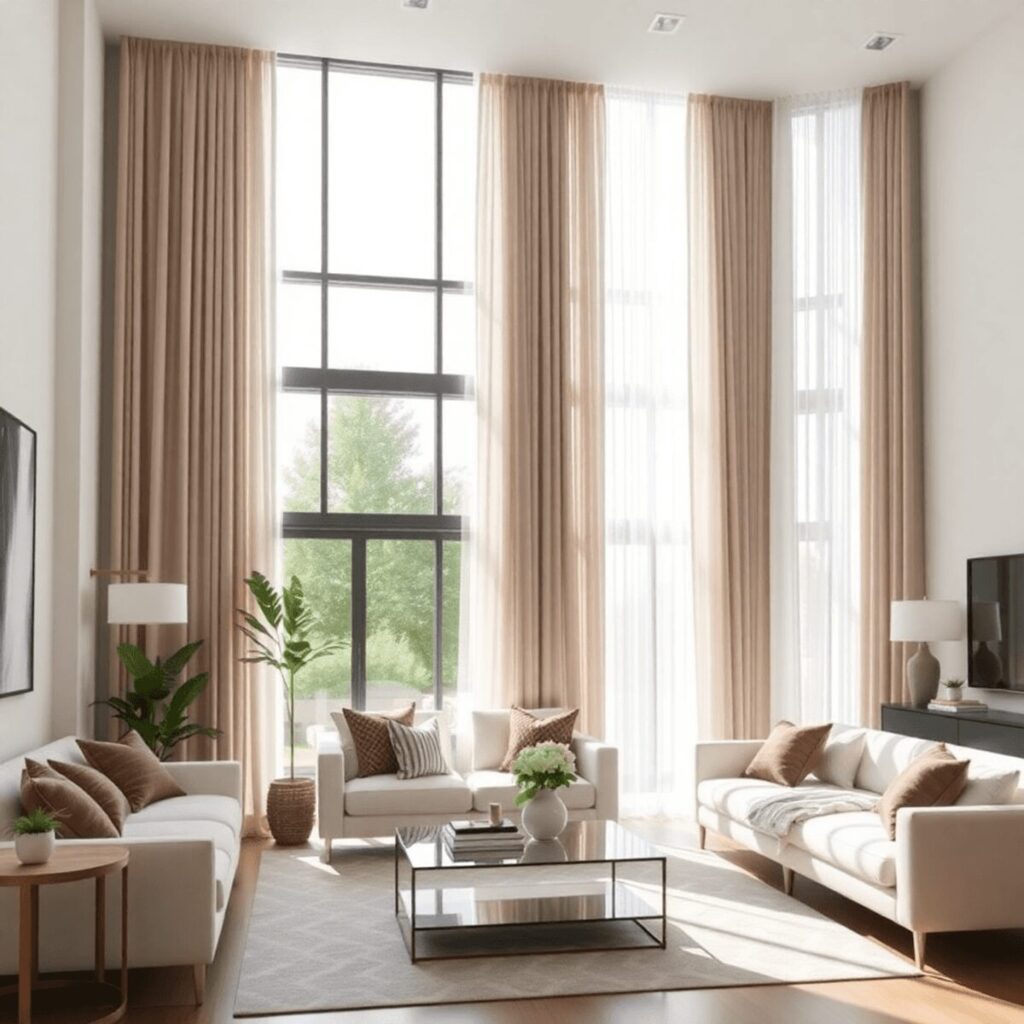 A bright and airy living room with modern drapery, sleek furniture, and minimalist decor, showcasing sheer curtains that enhance natural light and ...