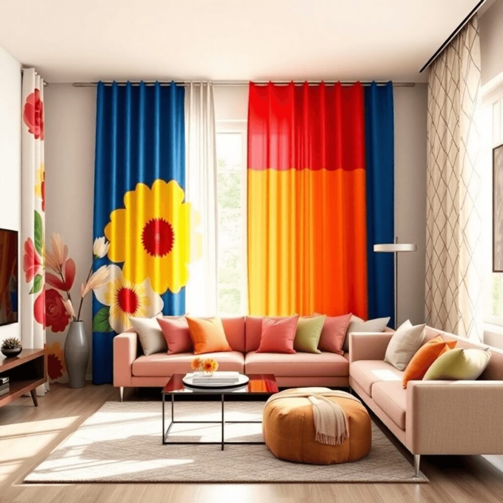 A bright living room with bold floral print curtains on one side and neutral geometric patterns on the other, featuring a cozy seating area and war...