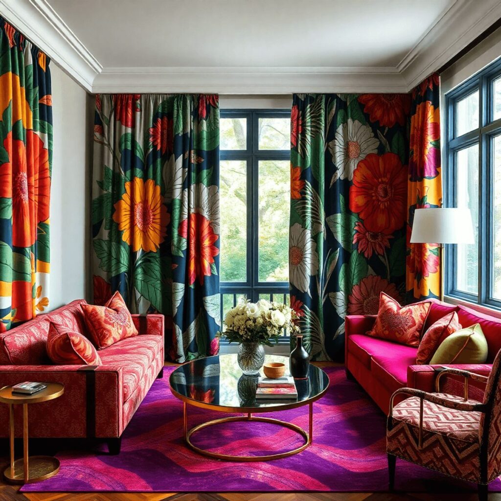A colorful living space with bold drapery featuring oversized floral patterns and geometric shapes, creating a cozy and striking atmosphere.