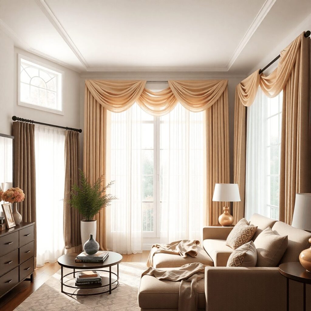 A cozy living room adorned with elegant, colorful draperies, natural light filtering through sheer panels, and rich blackout curtains creating a wa...