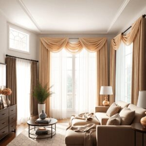 A cozy living room adorned with elegant, colorful draperies, natural light filtering through sheer panels, and rich blackout curtains creating a wa...