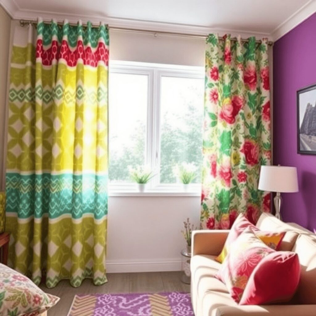 A cozy living room filled with natural light, featuring bold patterned curtains, colorful throw pillows, and an accent wall that enhances the vibra...