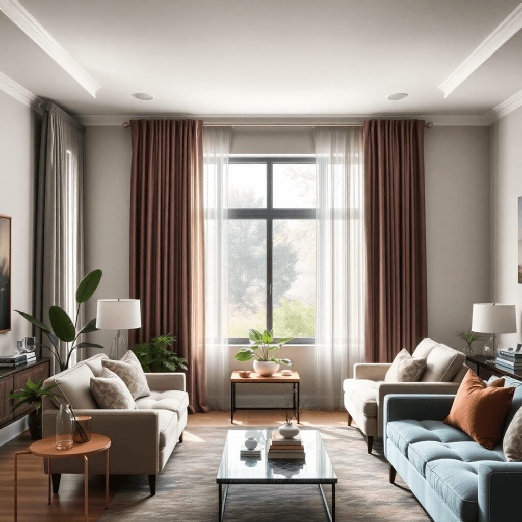 A cozy living room with elegant drapery in various colors, large windows letting in natural light, stylish furniture, and decorative plants creatin...