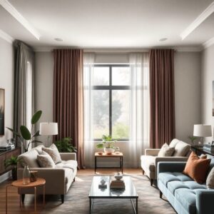 A cozy living room with elegant drapery in various colors, large windows letting in natural light, stylish furniture, and decorative plants creatin...