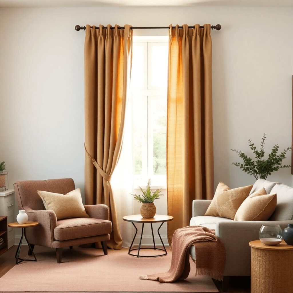 A cozy living room with elegant linen and cotton curtains draping by a window, soft sunlight filtering through, creating a warm and harmonious atmo...