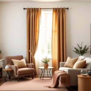 A cozy living room with elegant linen and cotton curtains draping by a window, soft sunlight filtering through, creating a warm and harmonious atmo...