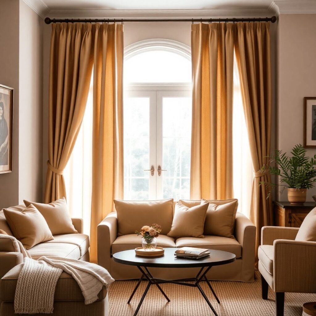 A cozy living room with soft, lightweight drapery in warm colors, natural light filtering through, creating an elegant and relaxed atmosphere.
