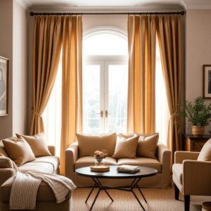 A cozy living room with soft, lightweight drapery in warm colors, natural light filtering through, creating an elegant and relaxed atmosphere.