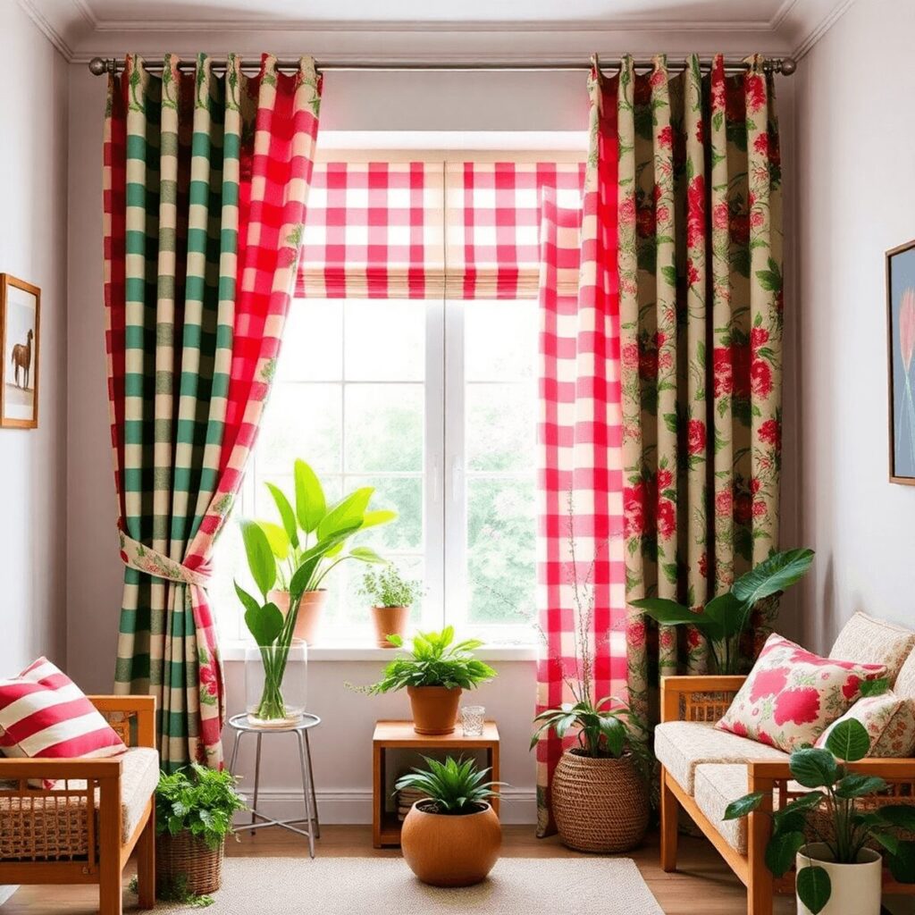 A cozy living room with vibrant patterned curtains, wooden furniture, and potted plants, creating a warm atmosphere with a bold and cheerful color ...