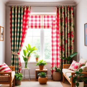 A cozy living room with vibrant patterned curtains, wooden furniture, and potted plants, creating a warm atmosphere with a bold and cheerful color ...