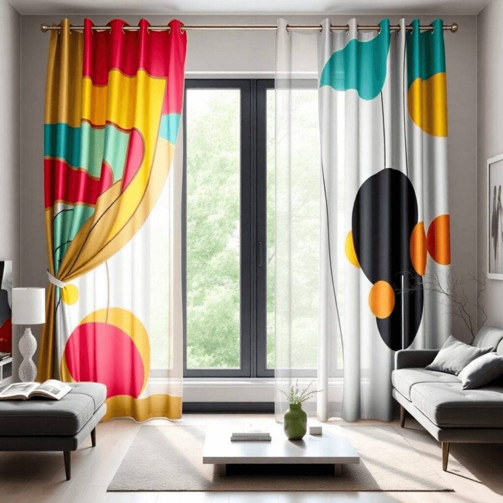 A modern living room with contemporary abstract-patterned curtains in bright colors, framing a large window and illuminating minimalistic furniture...
