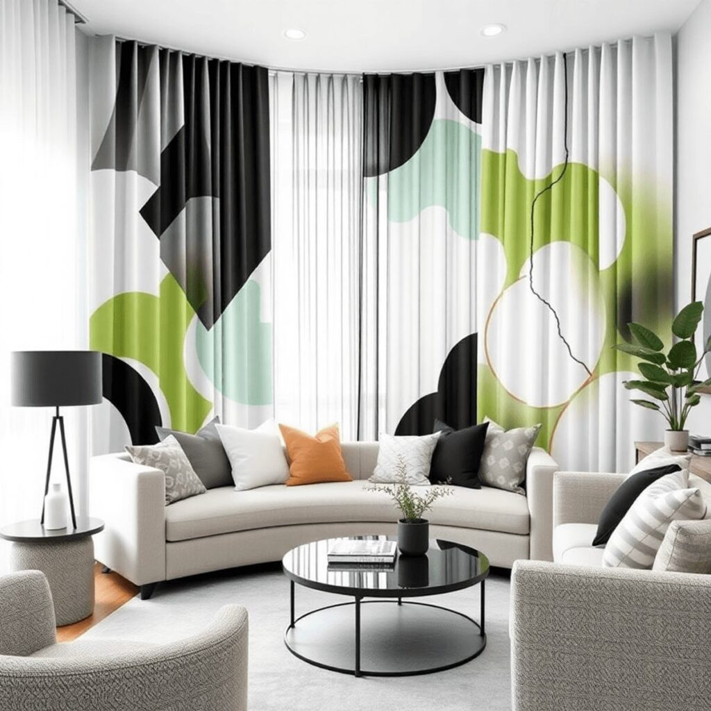 A modern living room with designer curtains in white, black, grey, and neo-mint green featuring abstract and geometric patterns, complemented by co...