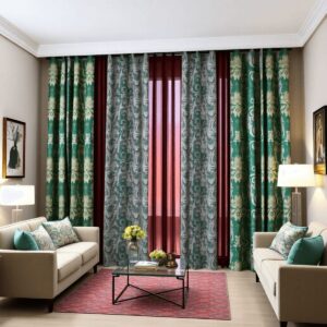 A modern living room with elegant, bold-patterned curtains in vibrant colors, creating texture and depth, complemented by stylish decor elements.