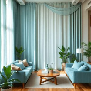 A serene living room with blue and green drapery, cozy furniture, and plants, bathed in soft natural light, creating a tranquil and relaxing atmosp...
