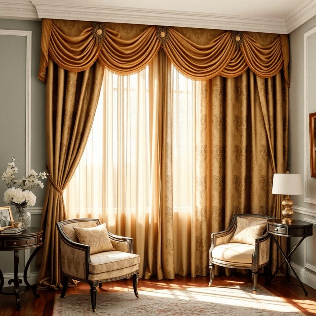 A sophisticated room adorned with luxurious velvet and silk curtains, featuring intricate patterns and warm natural light filtering through, creati...