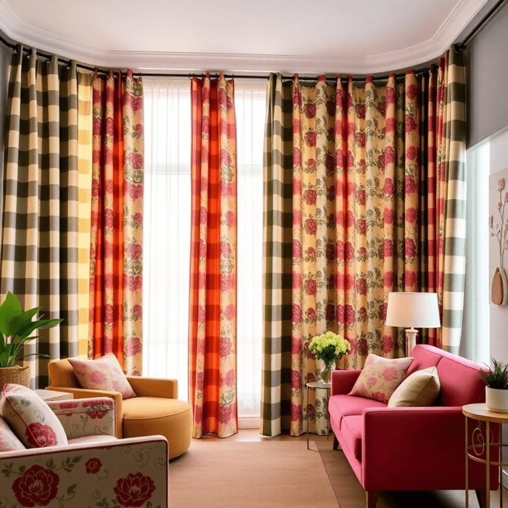 A stylish living room with bold patterned curtains in checks, plaids, stripes, and florals, enhanced by warm lighting that highlights the rich text...