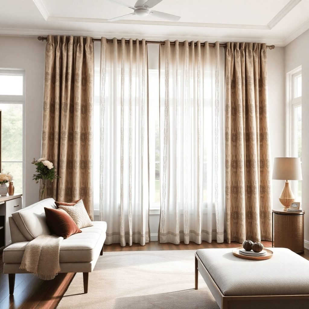 A stylish living room with elegant patterned curtains draping over large windows, a cozy sofa, and tasteful decor, bathed in soft natural light.