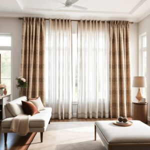A stylish living room with elegant patterned curtains draping over large windows, a cozy sofa, and tasteful decor, bathed in soft natural light.