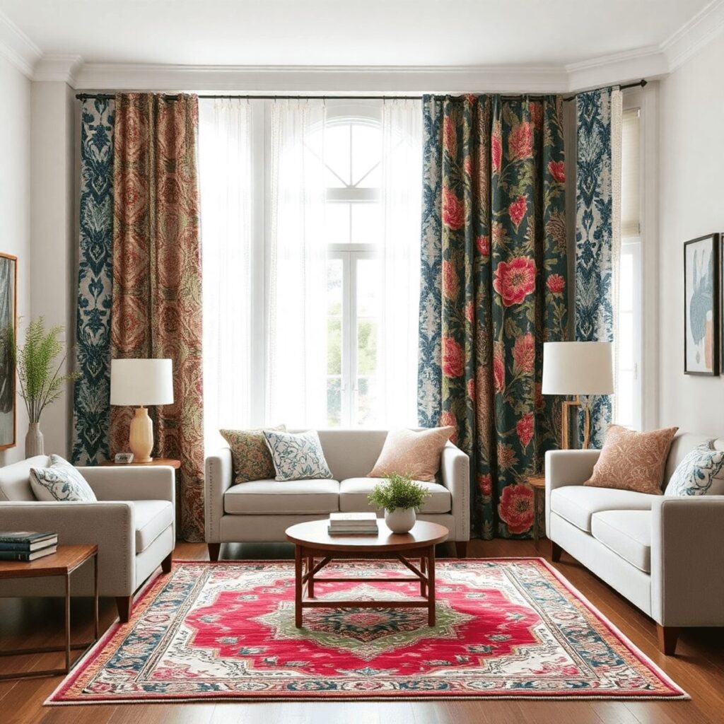 A stylish living room with vibrant patterned curtains, neutral-toned walls and furniture, and a vintage rug, creating an inviting and transformativ...