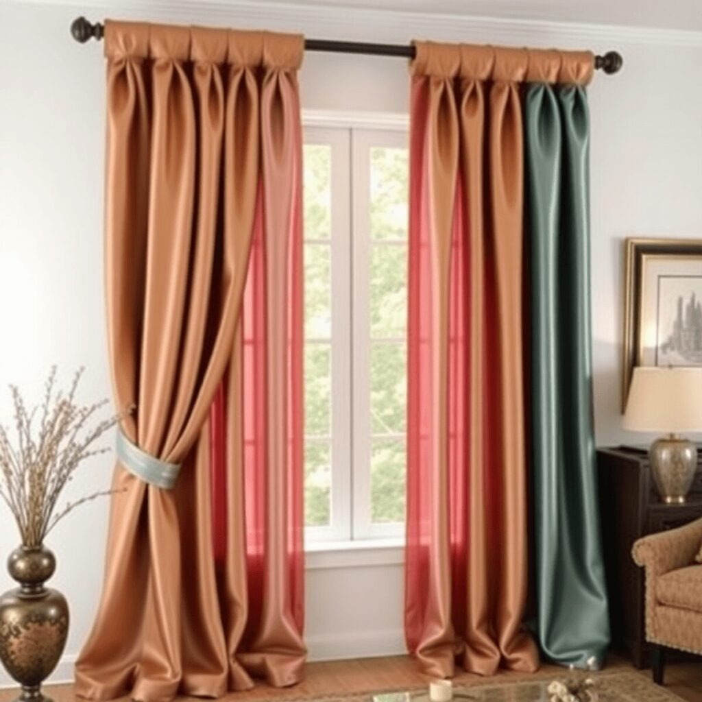 A stylish window with elegant drapery made from luxurious fabrics, set in a cozy, well-decorated room with soft lighting, showcasing rich textures ...