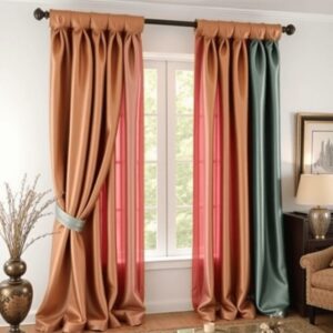 A stylish window with elegant drapery made from luxurious fabrics, set in a cozy, well-decorated room with soft lighting, showcasing rich textures ...
